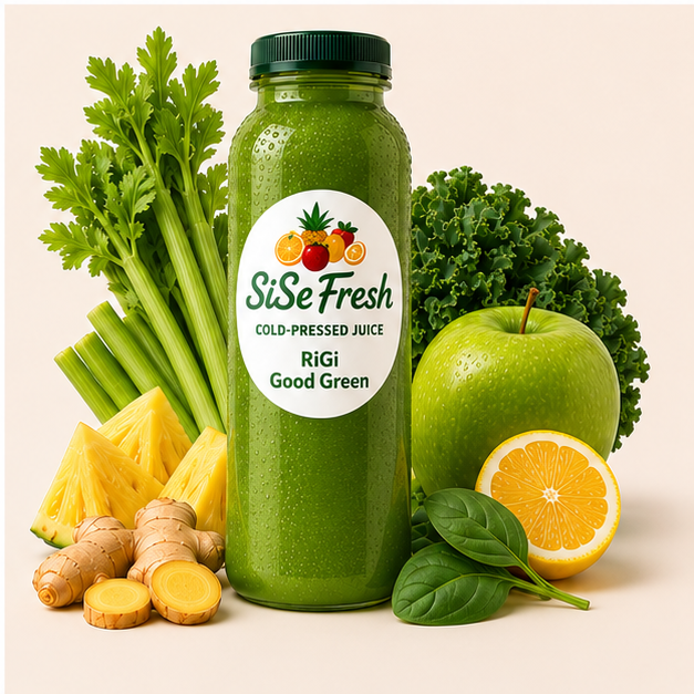 RiGi Good Green cold-pressed juice bottle